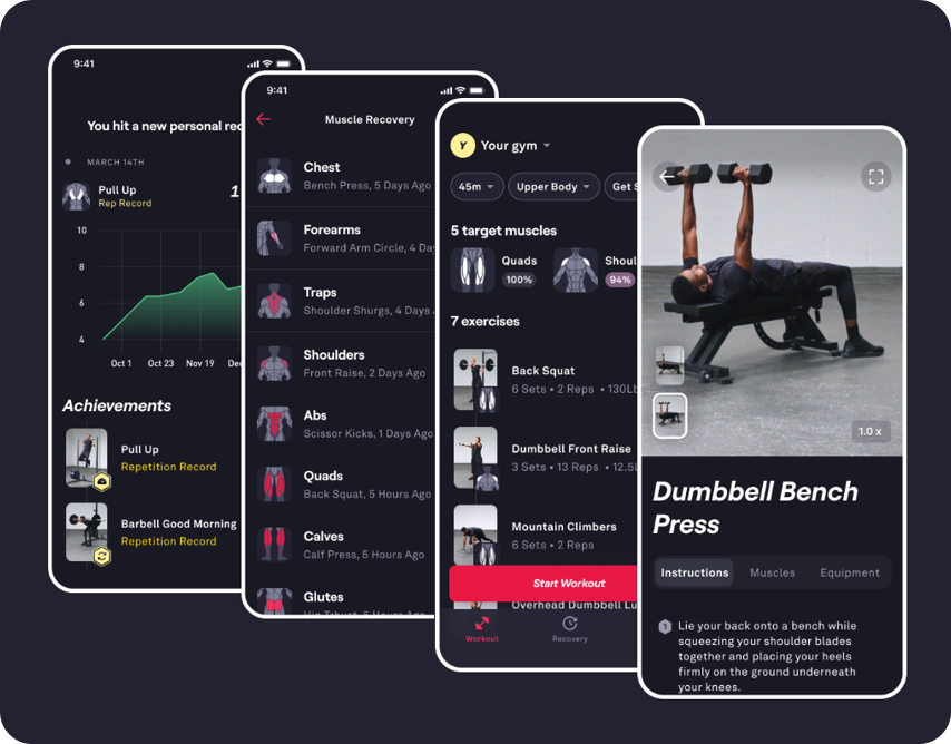 Fitbod mobile GUI showing a range of target muscles and respective exercises.