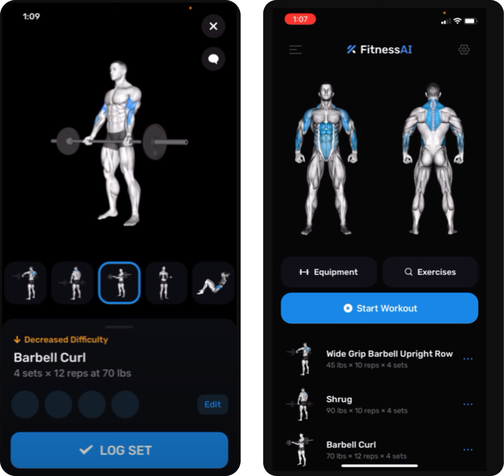 Fitness AI GUI showing graphics of muscles hit with a bicep curl