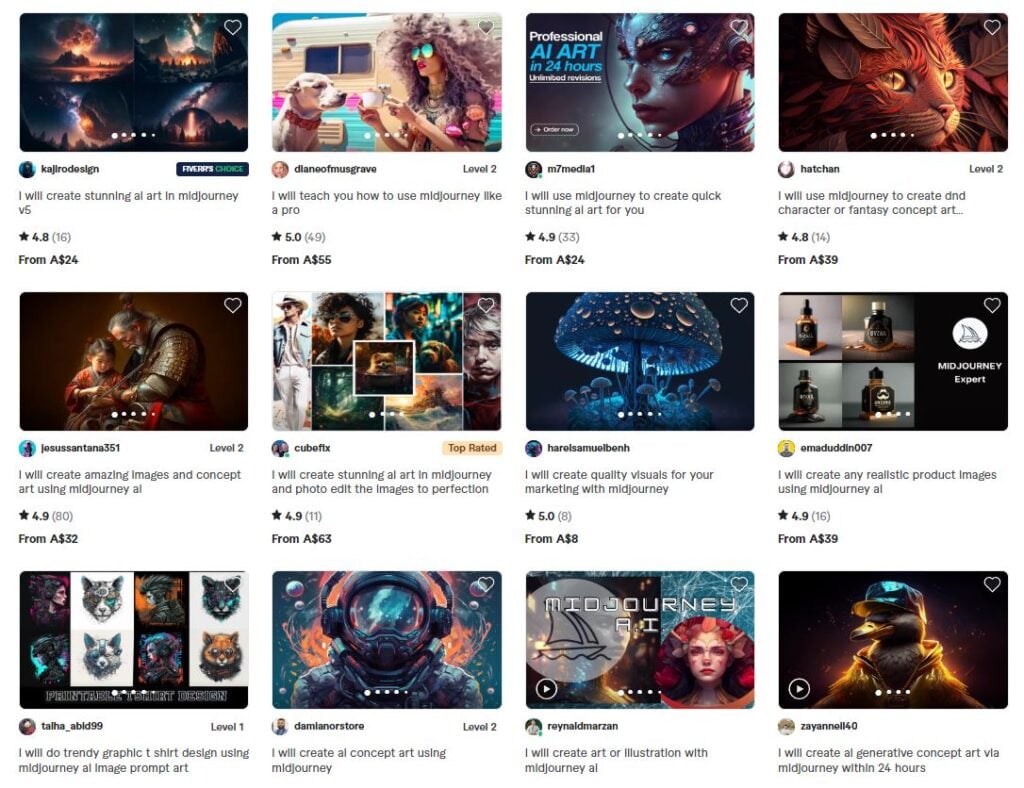 Fiverr Homepage showing various job offers for AI generated art