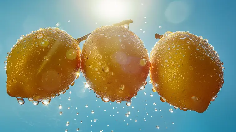 Food shot, ultra wide angle, 3 delicate lemons against a bright blue sky, morning dew