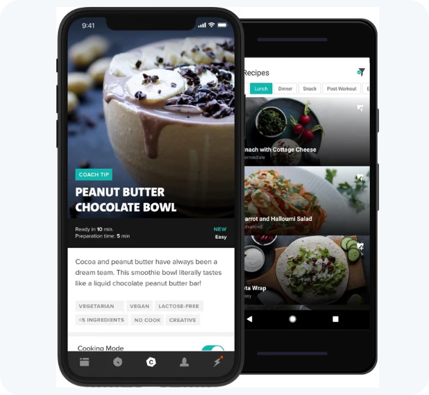 Freeletics GUI showing a meal plan with a Peanut Butter Chocolate Bowl.