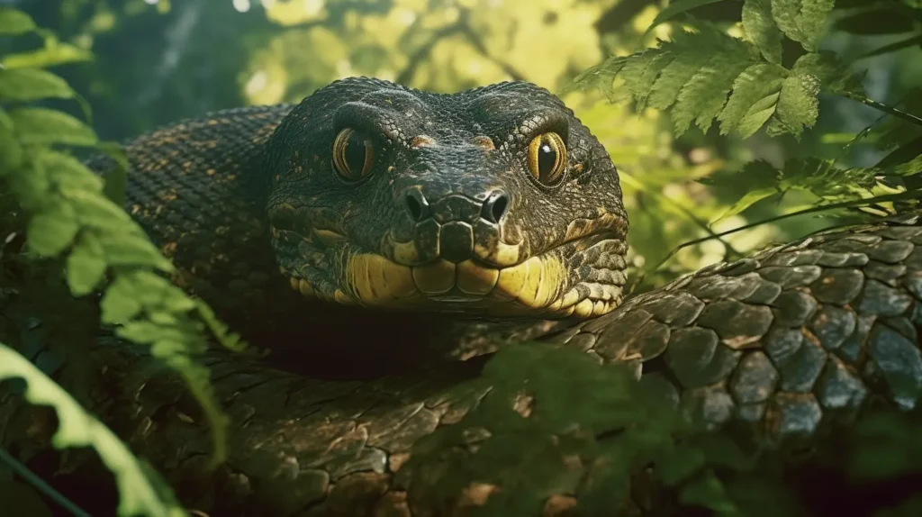Midjourney Image showing a Giant Anaconda with Yellow Eyes