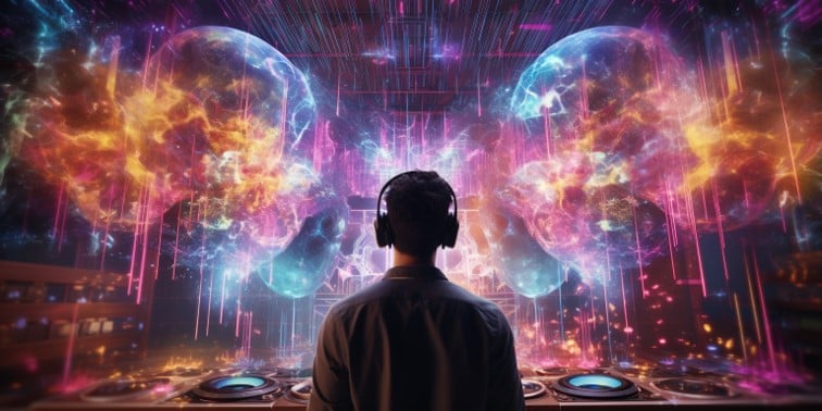 Man in front of DJ decks, neon theme