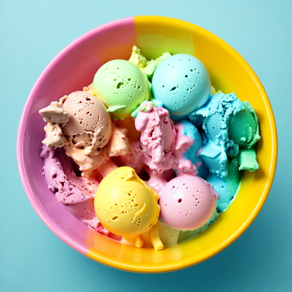 AI Subliminal message with a bowl of rainbow ice cream reading the word "RARE".