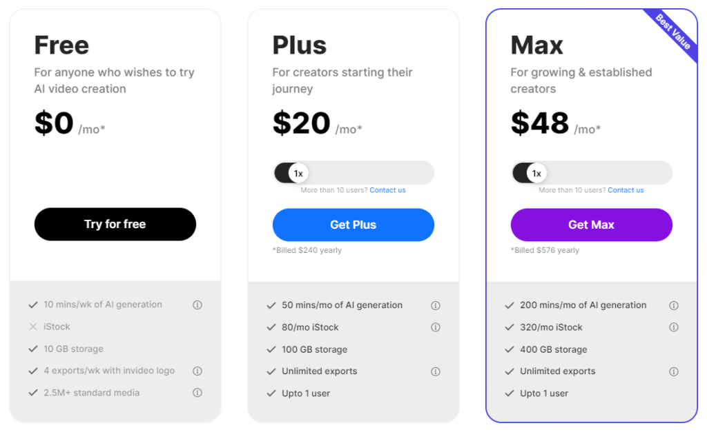 InVideo Pricing Blocks showing free, plus, and max plans for 0, 20, and 48 dollars/month respectively.