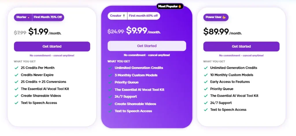 Jammable pricing blocks showing Starter, Creator, and Power User for $1.99, $9.99, and $89.99 per month respectively.