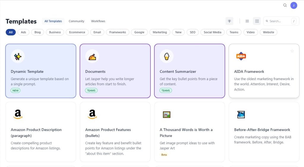 Jasper GUI showing writing features like content summarizer, product descriptions, and prompt generators for images