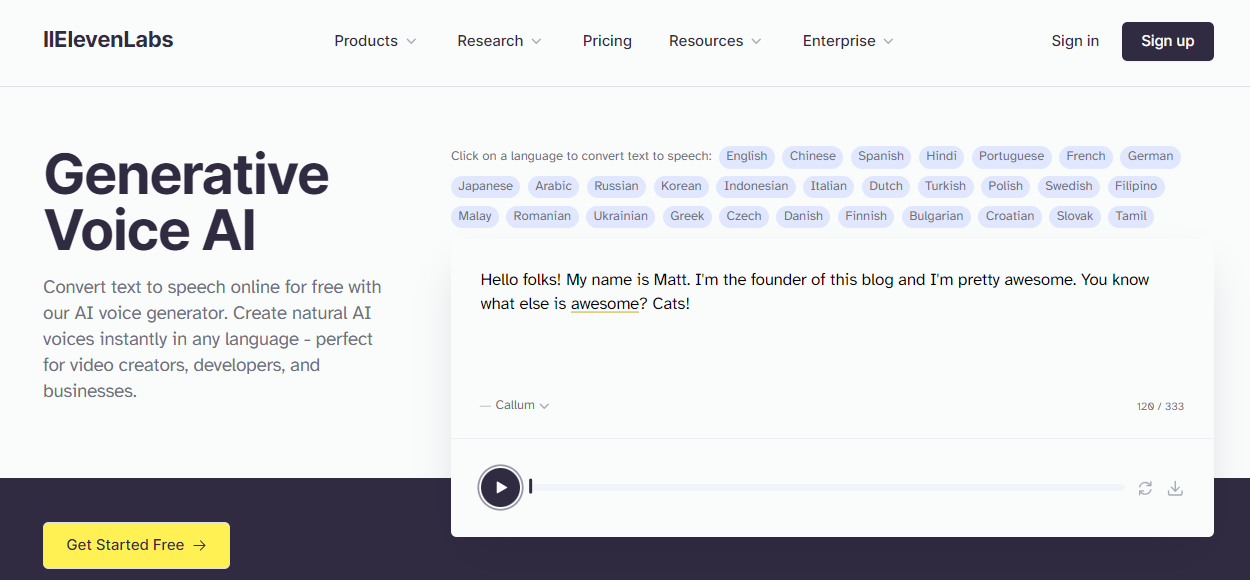 ElevenLabs homepage preview