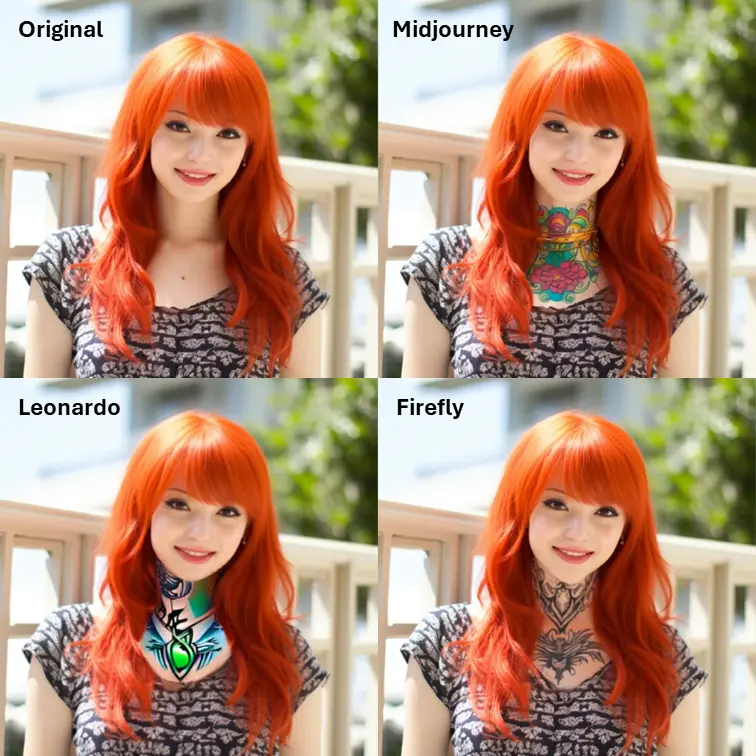 Leonardo Canvas Editor Inpaint comparison with Midjourney, and Adobe Firefly