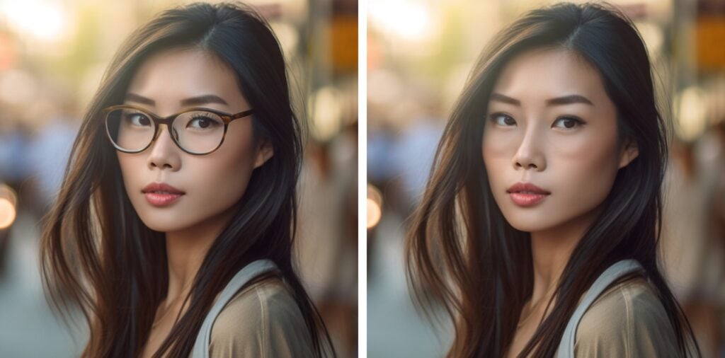 A lady wearing glasses on the left with removed glasses on the right side