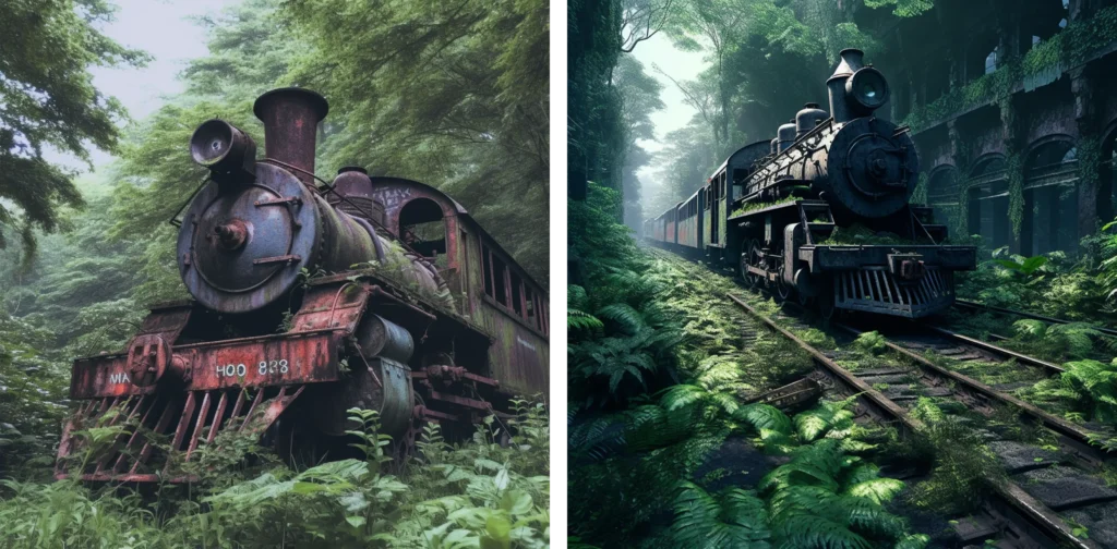 Midjourney generated image of a forgotten old locomotive in the forest