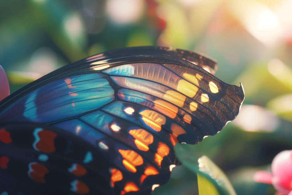 Macro Photography by Midjourney - Butterfly wing in the morning sun.
