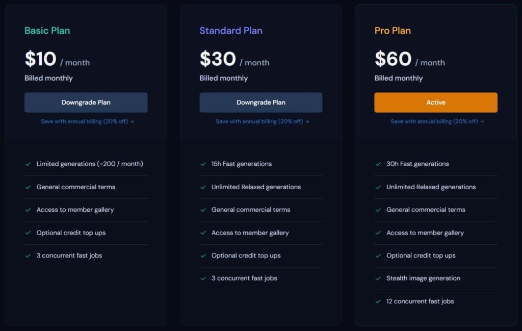 Midjourney pricing blocks showing basic, standard, and pro plans for $10, $30, and $60 per month respectively.
