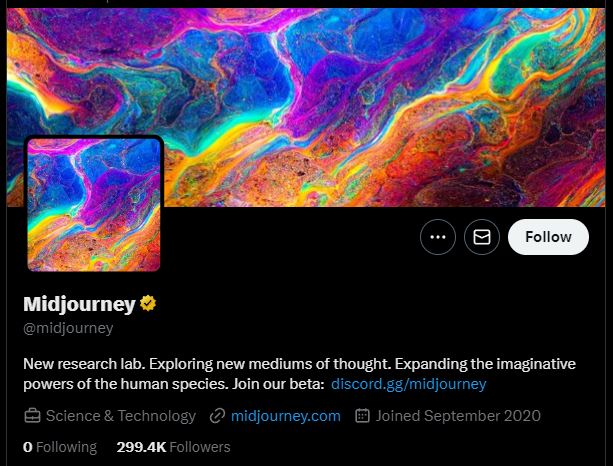 Midjourney X (Twitter) homepage showing 299.4k followers.
