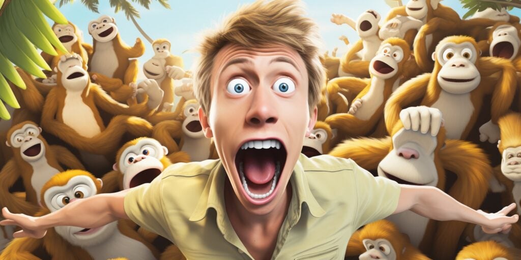 Midjourney youtube thumbnail example, cartoon man in front of a bunch of monkeys