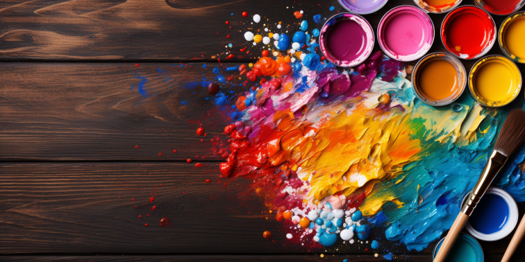 Bright artist colors and painting tools spaced out on a dark wooden table.