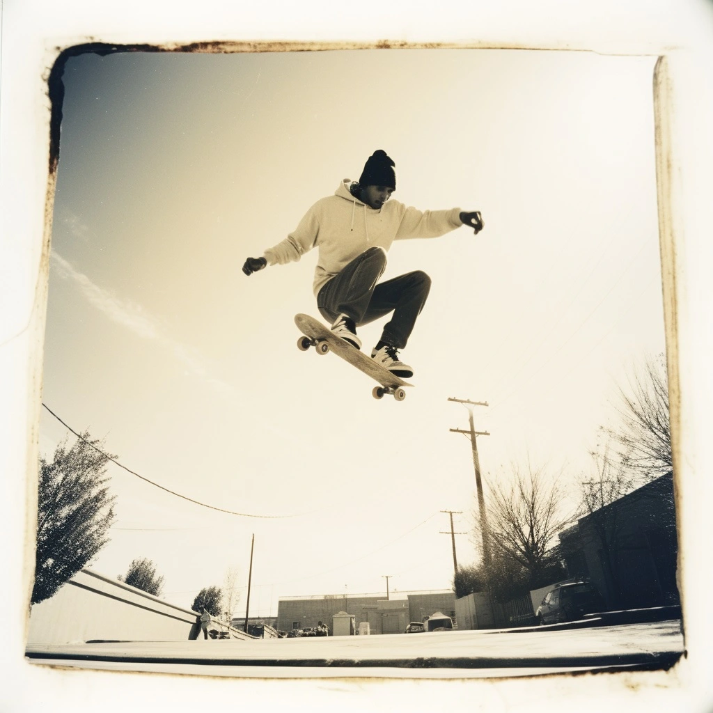 Midjourney generated polaroid style image of a man skateboarding ollie over a massive gap