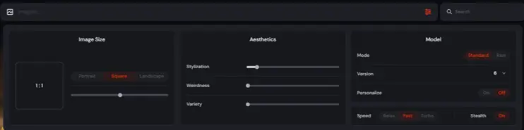 Midjourney web app image settings panel