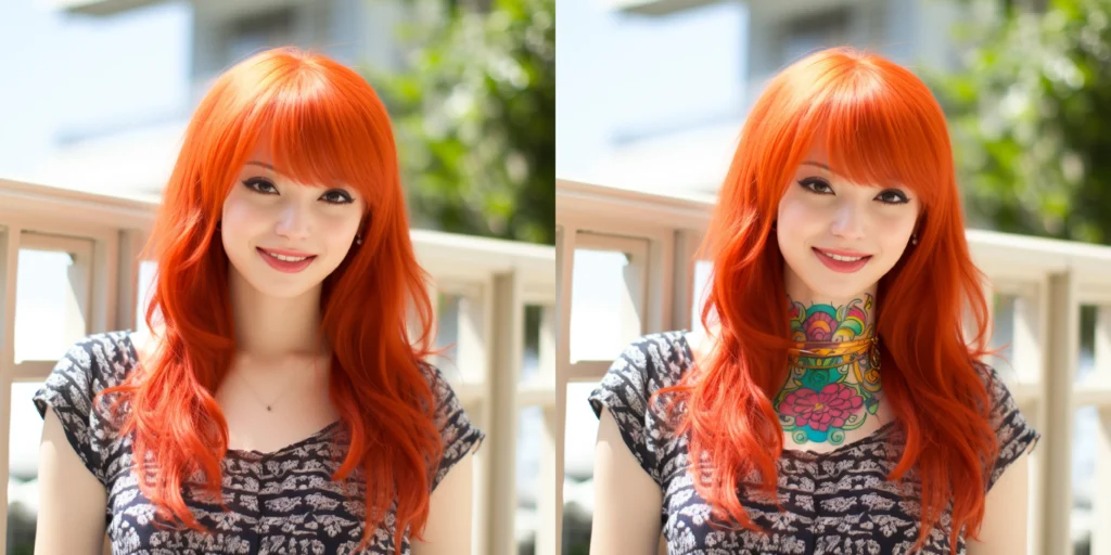 Example of Midjourney's Vary Region function showing a lady on the left side, and the same lady on the right with the addition of a neck tattoo.
