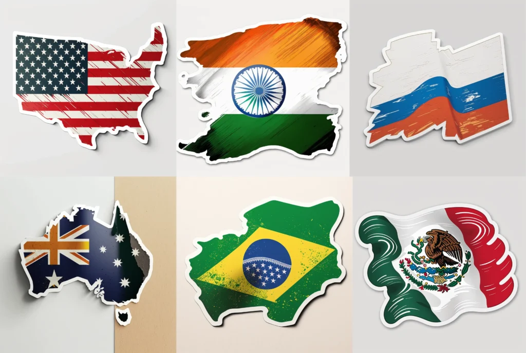 Midjourney generated image of national flags in the shapes of continents including America, Mexico, Russia, Australia, Brazil, and India