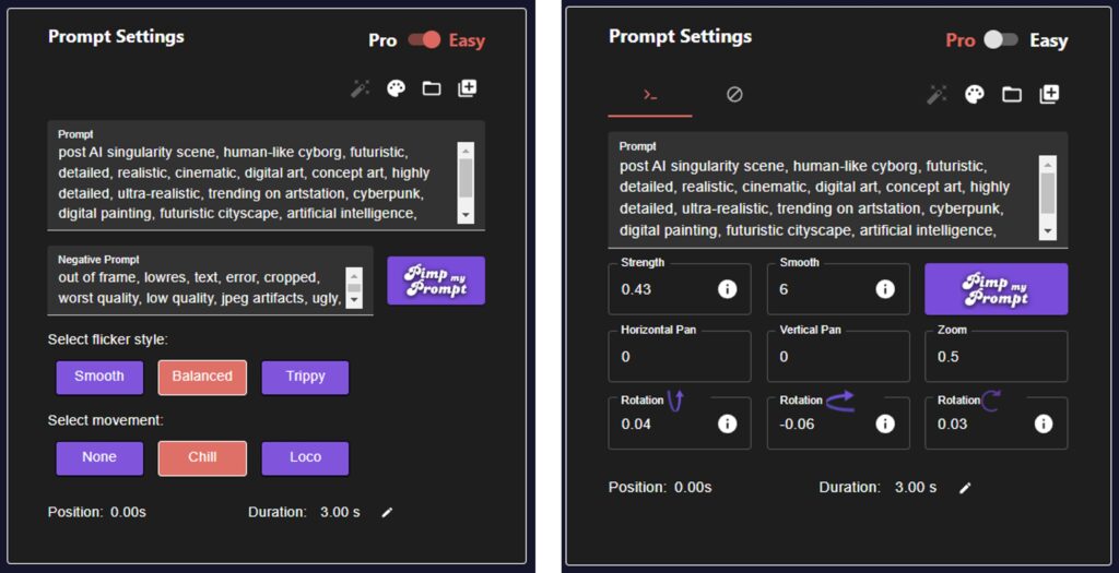 Comparison of the Easy and Pro prompt settings in Neural Frames.