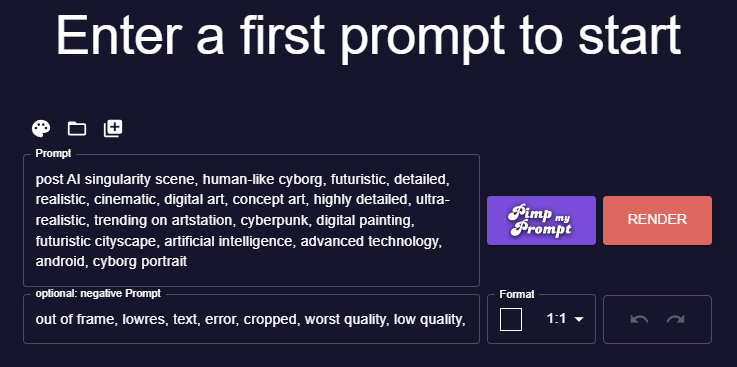Neural Frames GUI showing the options to generate your first AI music video image.