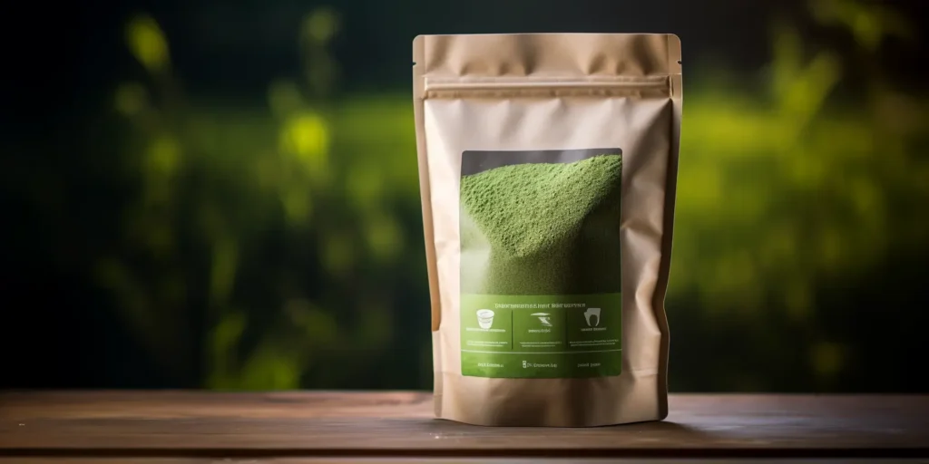 professional photograph of organic pea protein powder packaged in high end packaging - recyclable material