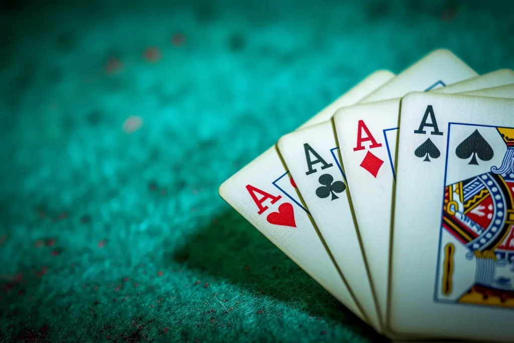 Playing Cards by Midjourney - 4 aces in front of green felt