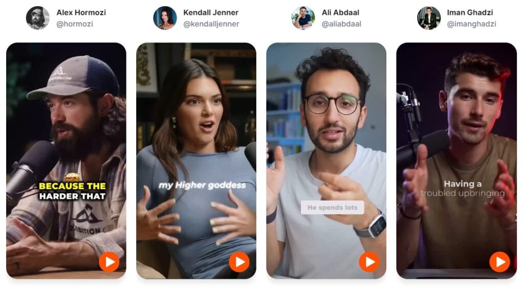 Popular AI generated caption styles from Submagic showing Alex Hormozi, Kendall Jenner, Ali Abdall, and Iman Ghadzi.