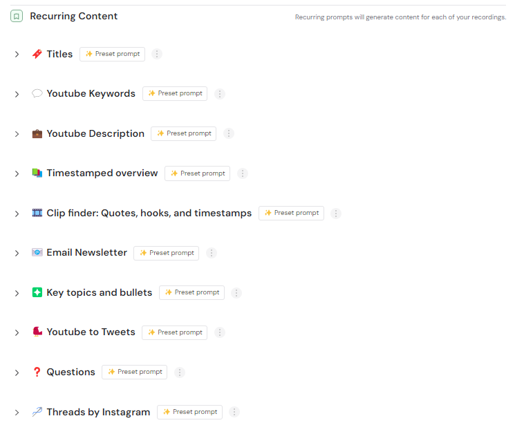 Recurring Content options in the Castmagic AI Content user interface