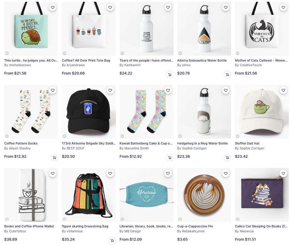 Redbubble Homepage showing various items including water bottles, hats, and bags with custom logos and imagery.