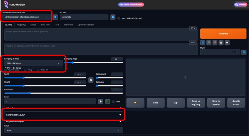 Run Diffusion Settings for Checkpoint and Sampling.
