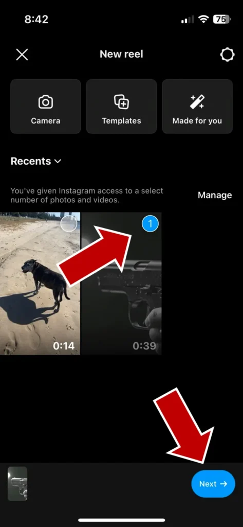 Selecting your media and tapping next in the Instagram app
