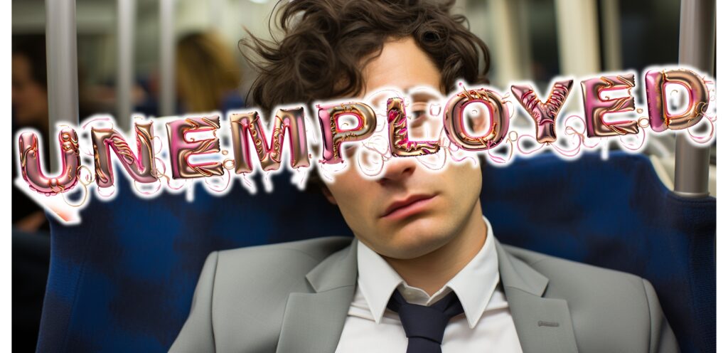 Unemployed caption across a dull looking man in a suit sitting on a train