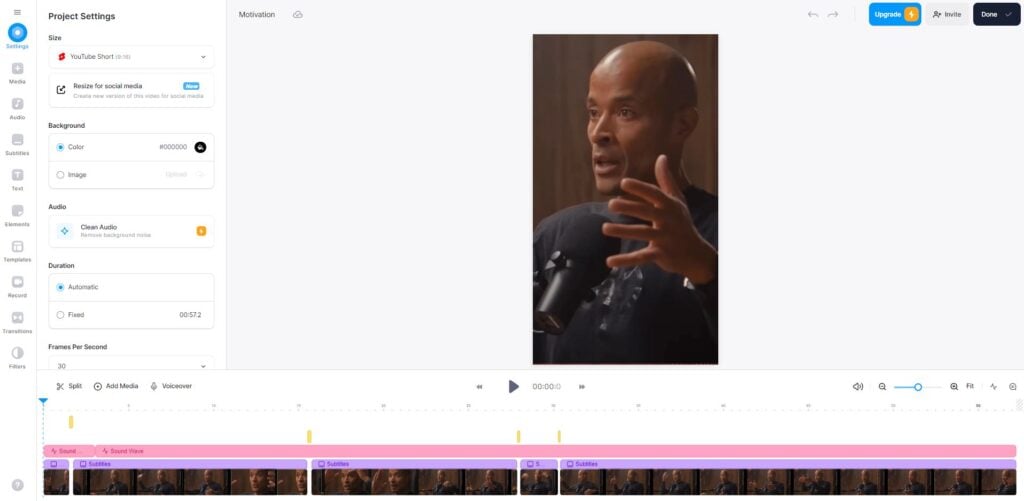 VEED GUI editing a YouTube short with David Goggins showing on screen.