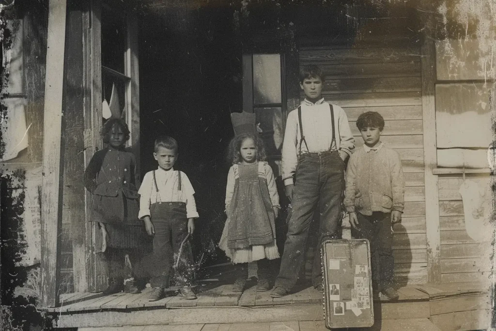 Vintage Photography by Midjourney - Kids waiting for school vintage style photograph.