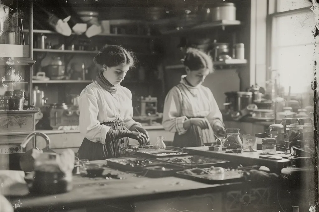 Vintage Photography by Midjourney - Two ladies working, black and white vintage photograph