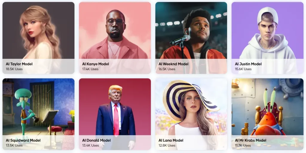 Various artists available to use for AI cover song generation including Taylor Swift, Kanye, Weeknd, Justin Beiber, Squidward, Donald Trump, Lana, and My Krabs