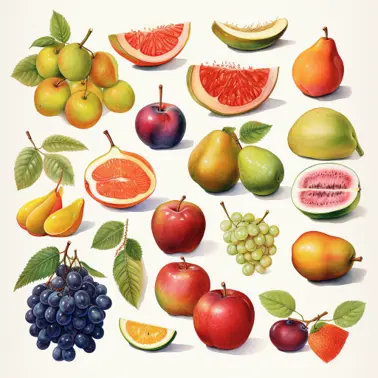 Assorted fruits for a calendar separately illustrated in watercolor with masterful and flat shading techniques.