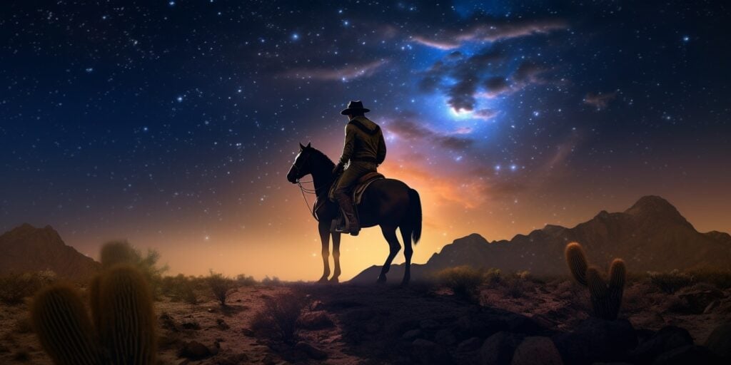 Western cowboy riding his horse under the stars - Midjourney Image Example