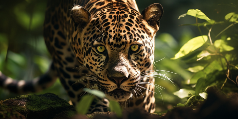 Jaguar with green eyes stalking prey