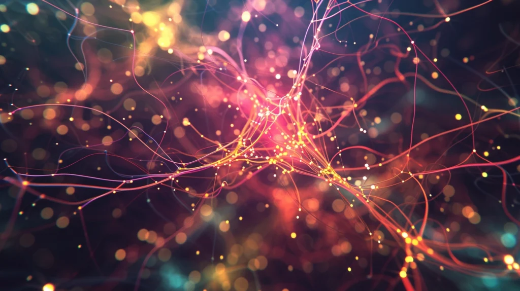 An animated concept of a neural network with nodes and connections that look electric.