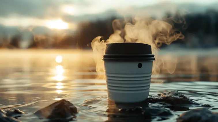 White coffee mug front lens, black lid, placed on the water, with a little smoke around it