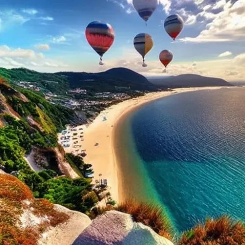 Writesonic example image showing an aerial photograph of a beach with hot air balloons in the sky.