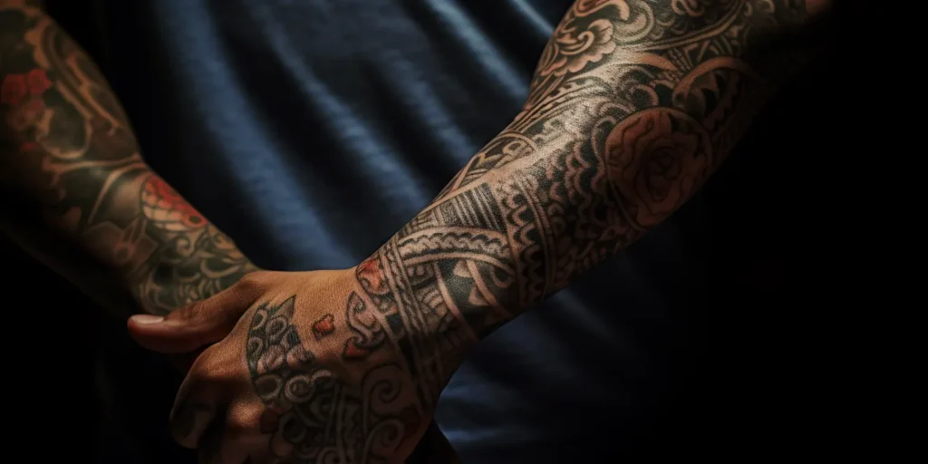 Midjourney generated image of yakuza tattoos on man's arms