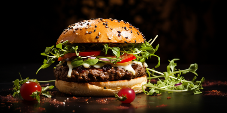 Professional food photography of a beef burger with greens and tomato generated with Midjourney.