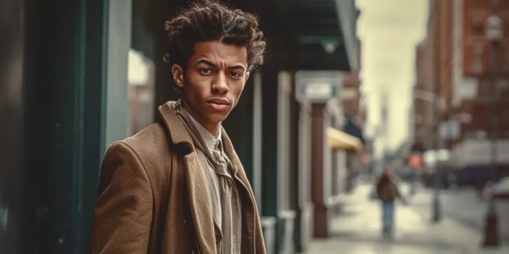 Midjourney generated image of young 1900s man on street