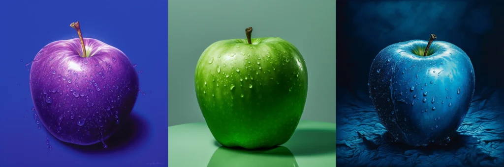 Midjourney generated image of a purple, green, and blue apple