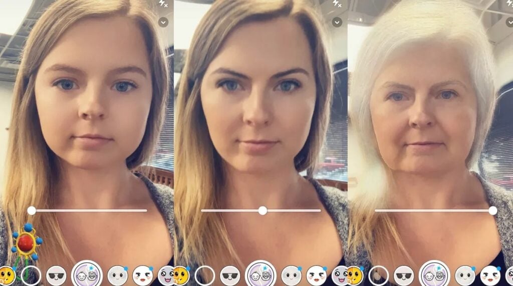 augmented reality age filter showing a young lady being aged into an old woman