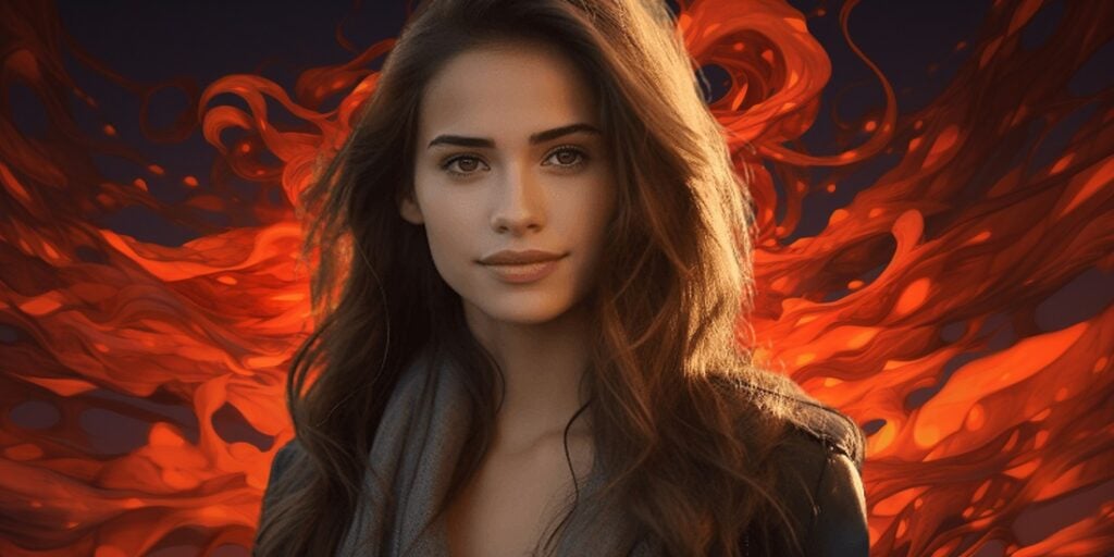 background removal example, lady standing in front of flames